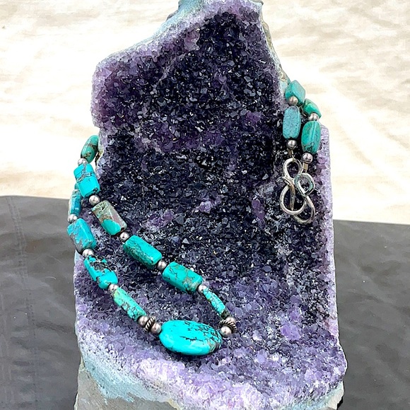 Vtg.20”Turquoise Necklace With Rectangle Shaped Stones&Round Center Stone - Picture 3 of 5